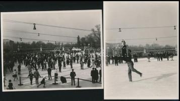 1935 Budapest, Rotter Baby és Szollás László műkorcsolya-világbajnok páros korcsolyázik a városligeti pályán, 2 db fotó, 11×8,5 cm