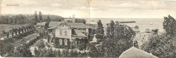 1906 Balatonföldvár, kihajtható panorámalap; rajta villa, móló, balatoni fürdőház. Kiadja Gerendai Gyula (EK)
