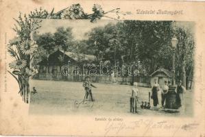 1901 Battonya, Színkör és sétány, fiú velocipéden. Kiadja G. B. Floral (fl)