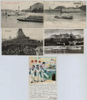 5 db RÉGI hajós motívumlap, közte két hadihajós képeslap; SS Vesta, SS Rákóczi, SS József főherceg / 5 pre-1945 ship motive postcards with 2 K.u.K. Kriegsmarine postcards