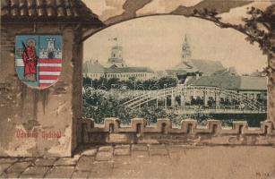 1910 Győr, Püspökvár, Rába híd. Kiadja Rőszler Károly. Címeres litho keret (megerősített sarkak / restored corners)