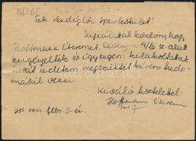 1944 Szállodások ipartestületének küldött levél a VII. kerületi Hofmann étterem tulajdonosától, mely...