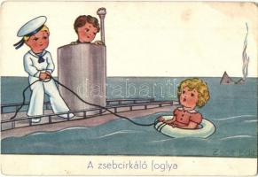 A zsebcirkáló foglya / submarine, children, humorous art postcard, s: Zsolt Edit (kopott sarkak / worn corners)
