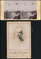 1898 Buziási király-szerenád emlékére: Ferenc József portréja és sztereófotó a feldíszített útról, 16×10,5 és 8,5×18 cm