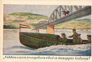 Földön, vizen, levegőben első a magyar katona! folyamőrség, művészlap, Rekord / Danube river guard, art postcard (EK)