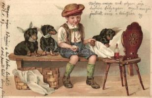 1905 Dachshund, dogs, Meissner & Buch Künstler-Postkarten, artist signed litho (fa)