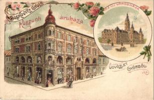 Győr, az új Városháza, Boskovitz Gyula központi áruháza, üzlet. Luszt Ármin Art Nouveau, floral, litho (EK)