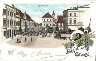 1899 Győr, Széchenyi tér, ünnepség, tömeg. Kiadja Berecz Viktor. Art Nouveau, floral, litho (vágott / cut)