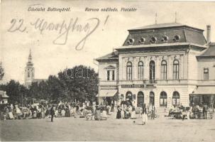 1908 Battonya, Korona szálloda, Piac tér, piaci árusok, Hirschler Ármin, Geller Ferenc üzlete (EK)