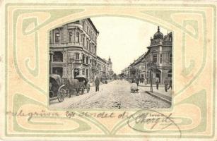 1902 Győr, Baross út, fiákerek, lovaskocsik. Kiadja Rőszler Károly. Art Nouveau litho keret (EK)