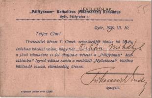 Győr, Pálffy utca 5. Pálffyánum Katolikus (Fiúárvaházi) Konviktus, hátoldalon tudnivalók a beiratkoz...