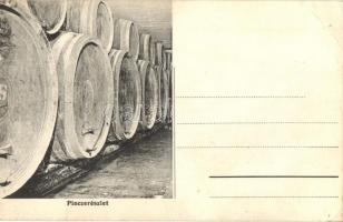 Cegléd, Végh Sándor szőlőnagybirtokos szőlő és pincegazdasága, pince belső boroshordókkal / Hungarian vineyard and winery advertisement (EK)