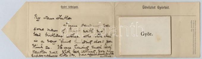Győr, "albumos levelezőlap" leporellólap, belül: Vasútállomás, gyorsáru raktár, Fa és fémi...