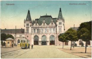 Temesvár, Timisoara; Józsefvárosi pályaudvar, vasútállomás, villamos / railway station, tram (EB)