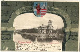 1902 Győr, Regatta pavilon, csónakház. Kiadja Rőszler Károly. Címeres litho keret (kis szakadás / small tear)