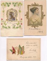 3 db RÉGI művészlap, közte textil rátétes lapok / 3 pre-1945 art postcards, with textile cards