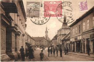 Nagyszombat, Tyrnau, Trnava; Nagy Lajos utca, Manheim Jakob, Szwatko üzlete, templom / street view, shops, church. TCV card