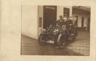 1908 Zayugróc, Ugrócváralja, Uhrovec; férfiak automobilban egy áru kiadó mellett / men in an automobile next to a shop. photo