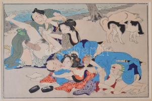 Ikeda Terakuta (1883-1921): Shunga. Esőszak a folyóparton. Erotikus fametszet. Japán, 1910 körül. paszpartuzva, üvegezett keretben. / Japan, ca 1910. Woodplate erotic image. In glazed frame. 33x24 cm