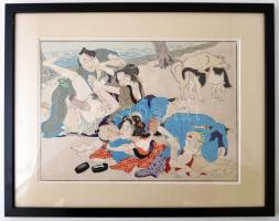 Ikeda Terakuta (1883-1921): Shunga. Esőszak a folyóparton. Erotikus fametszet. Japán, 1910 körül. pa...