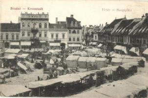 Brassó, Kronstadt, Brasov; Fő tér, piaci árusok, bódék, Robert Weber, Alfred Gebauer üzlete / Hauptplatz / main square, market vendors, booths, shops (EK)