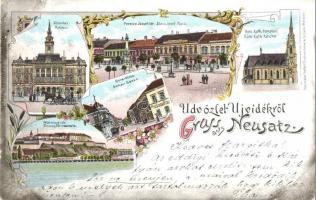 1899 Újvidék, Neusatz, Novi Sad; városház, Duna utca, Ferenc József tér, Római katolikus templom, Pétervárad vár / town hall, street, square, church, castle. Verlag von Ignaz Urban Art Nouveau, floral, litho (EK)