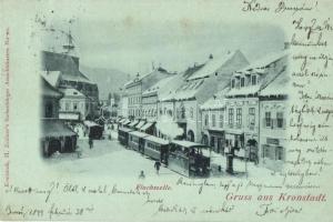 1899 Brassó, Kronstadt, Brasov; Flachszeile / Len sor télen, városi vasút, üzletek. Kiadja H. Zeidner / street view in winter, urban railway, shops (EK)