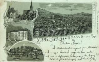 1899 Brassó, Kronstadt, Brasov; Ref. Kirche und Pfarrhaus, Ung. Handelsschule, Springbrunnen im Rudolfspark / Református templom, paplak, Magyar kereskedelmi iskola, szökőkút a Rudolf parkban / Calvinist church, parsonage, commercial school, fountain, park. Gabony & Co. 3487. Art Nouveau, floral, litho (fl)