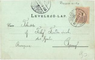 1899 Brassó, Kronstadt, Brasov; Ref. Kirche und Pfarrhaus, Ung. Handelsschule, Springbrunnen im Rudo...