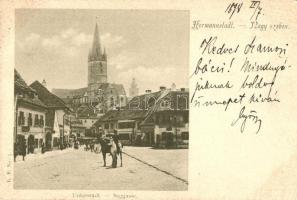 1898 Nagyszeben, Hermannstadt, Sibiu; Unterstadt, Saggasse / Zsák utca, Evangélikus templom, üzletek. E. B. No. 3. / street view, Lutheran church, shops (fl)