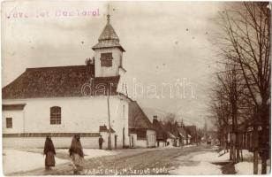 1906 Dombó, Dambu, Dubove; utcakép, templom télen / street view, church, winter. Kabát Emil M.Sziget photo (EK)