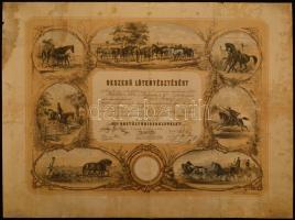 1896 Okszerű lótenyésztésért járó díszesen illusztrált, litografált I. osztályú díszoklevél, Hőgyész, Bp., Posner és fia, szárazpecséttel, aláírással, Szép állapotban, restaurált, katonra kasírozva 66x48 cm. / Lithographic warrant for horse-breeding contest. 66x48 cm