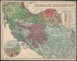 cca 1920-1930 Der einheitliche jugoslavische(!) Staat, Jugoszlávia etnikai térképe, hátoldalán német nyelvű ismertető szöveggel, kis sérüléssel, 14×18 cm