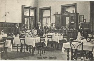 Piski, Simeria; MÁV (Magyar Királyi Államvasutak) vasúti étterem, belső pincérekkel. Adler fényirda 1910. / railway restaurant, interior with waiters
