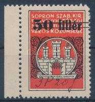 1944 Sopron 50f ívszéli okmánybélyeg kézzel írott 3P 20f átértékeléssel