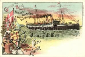 Gruss vom Bord des Kaiserlichen Deutschen Tages-Postdampfers Prinz Adalbert. Kiel-Korsör. Gebr. Israel floral, litho