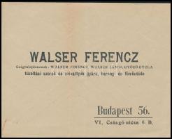 cca 1920-1940 Walser Ferenc tűzoltási szerek és szivattyúk gyára, harang- és fémöntöde borítékja, az egyik oldalán térképpel,