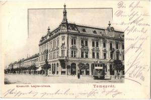 1903 Temesvár, Timisoara; Kossuth Lajos utca, Takarékpénztár, villamos / street view, savings bank, tram (EK)