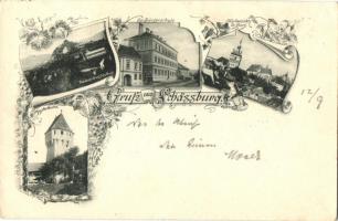 1899 Segesvár, Schässburg, Sighisoara; Schulberg, Ev. Bürgerschule, Burg, Schusterturm / Evangélikus iskola, vár, Cipészek bástyája / mountain, Lutheran school, castle, tower. Art Nouveau, floral (EK)