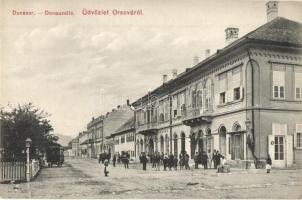 Orsova, Duna sor, omnibusz, Pataki Samu Magyar Király szállodája / Donauzeile / street view, horsebus, hotel