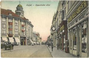 Eszék, Osijek, Esseg; utcakép, Vilima Glesinger üzlete / Kapucinska ulica / street view with shops (EK)