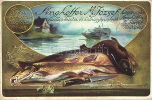 ~1910 Singhoffer M. József halászmester és halnagykereskedő reklámlapja. Budapest Központi vásárcsarnok / Hungarian master fisherman and fish wholesaler advertisement card