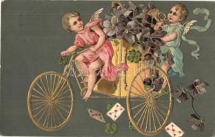 New Year greeting art postcard. Angels on bicycle. Emb. litho