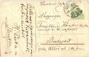 New Year greeting art postcard. Angels on bicycle. Emb. litho