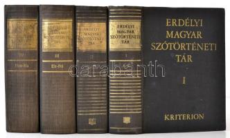 Erdélyi Magyar Szótörténeti Tár I-IV. kötet. Szerk.: Szabó T. Attila. Bukarest, 1976-1984, Kriterion. Kiadói egészvászon kötés, kopott borítóval, kissé laza fűzéssel, az egyik kötet elülső szennylapja részben szakadt, hiányos.