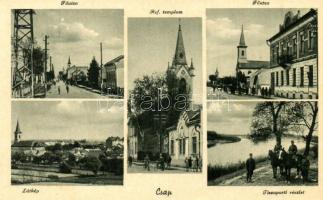 Csap, Chop; Látkép, üzlet, templom - 3 db régi képeslap / general view, shop, church - 3 pre-1945 postcards