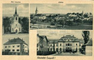 Csap, Chop; Látkép, üzlet, templom - 3 db régi képeslap / general view, shop, church - 3 pre-1945 po...