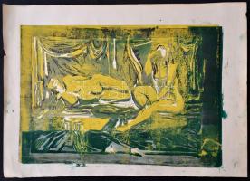 Almássy jelzéssel: Női aktok. Színes linó, papír, foltos, 36×51 cm