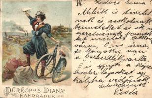 1899 Dürkopps Diana Fahrräder / Dürkopp bicycle advertisement card with lady. litho (kis sarokhiány / small corner shortage)