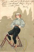 1901 Lady on bicycle. Künstlerkarte No. 214. Graph. Kunstanstalt Aug. Strasilla, Troppau. litho (EK)